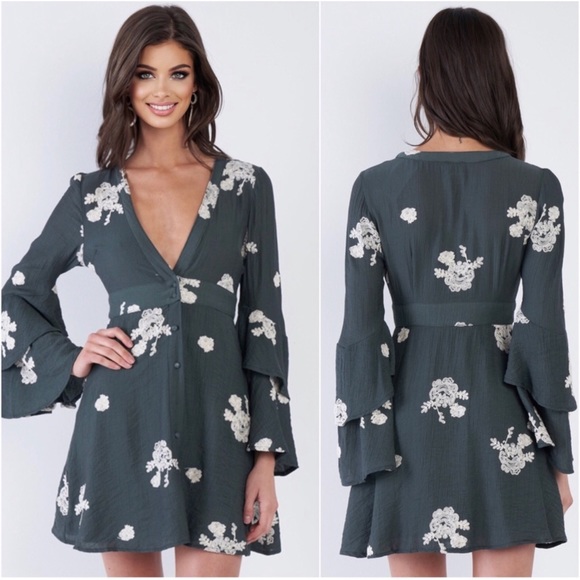 1 LEFT! Women’s Adorable Deep Teal Trumpet Sleeve Embroidered Fall Dress - Picture 2 of 3